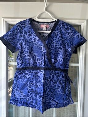 koi Blue Leopard Print Wrap Scrub Top